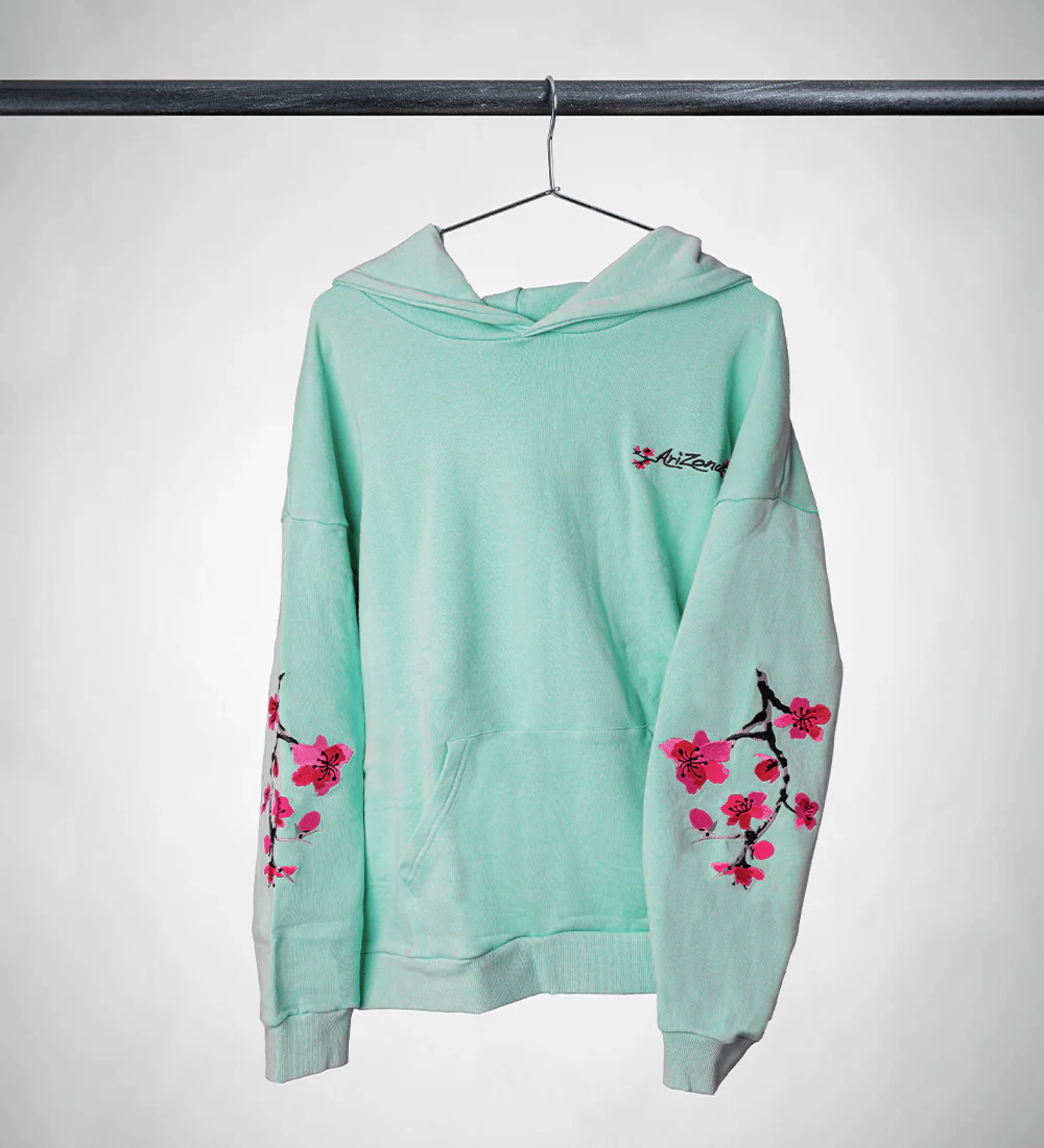 Heritage Teal Cherry Blossom-Embroidered Cotton Hoodie - Image 3