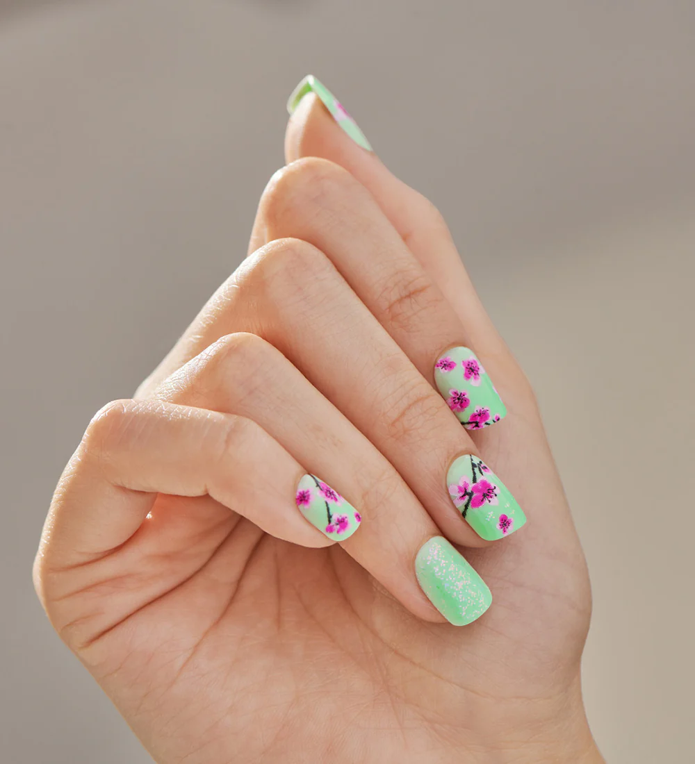 Teal & Pink Cherry Blossom Press-On Nails - Image 3