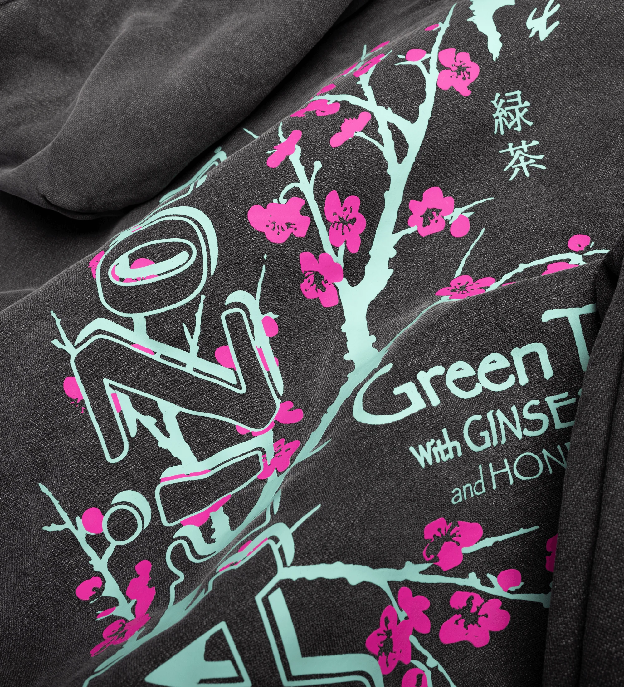 Charcoal Green Tea Cherry Blossom Cotton-Blend Hoodie - Image 3