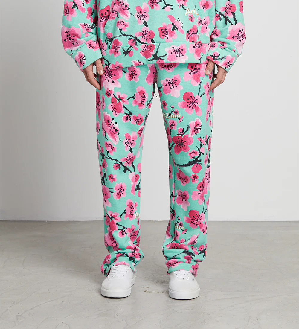 Teal & Pink Cherry Blossom Cotton Sweatpants - Image 3