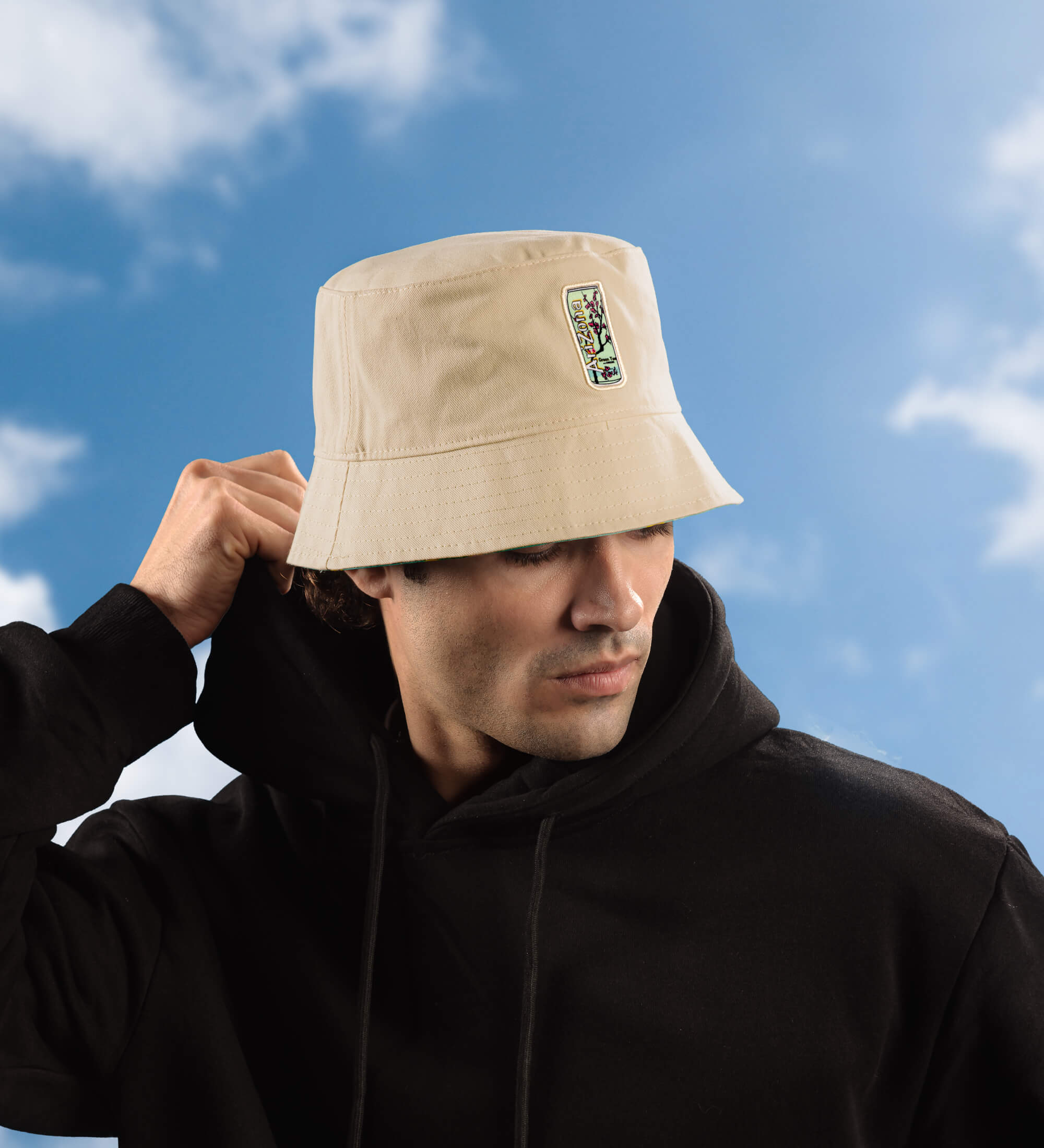 Beige & Teal Green Tea Can Smiley Reversible Bucket Hat - Image 3
