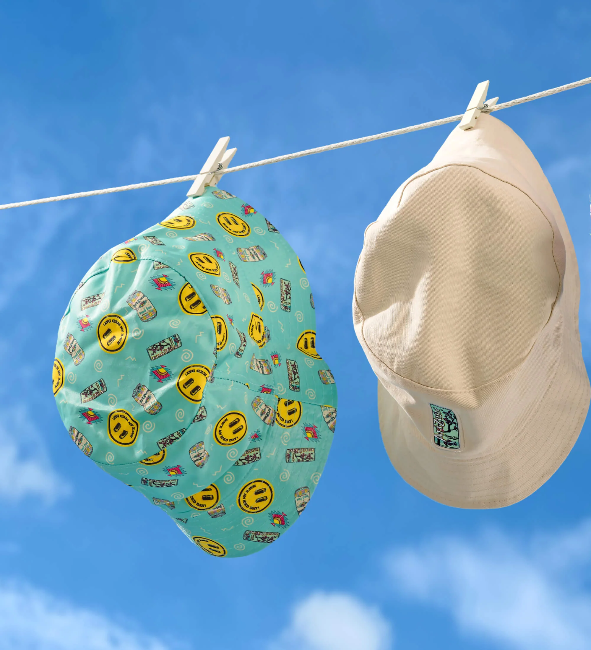 Beige & Teal Green Tea Can Smiley Reversible Bucket Hat - Image 4